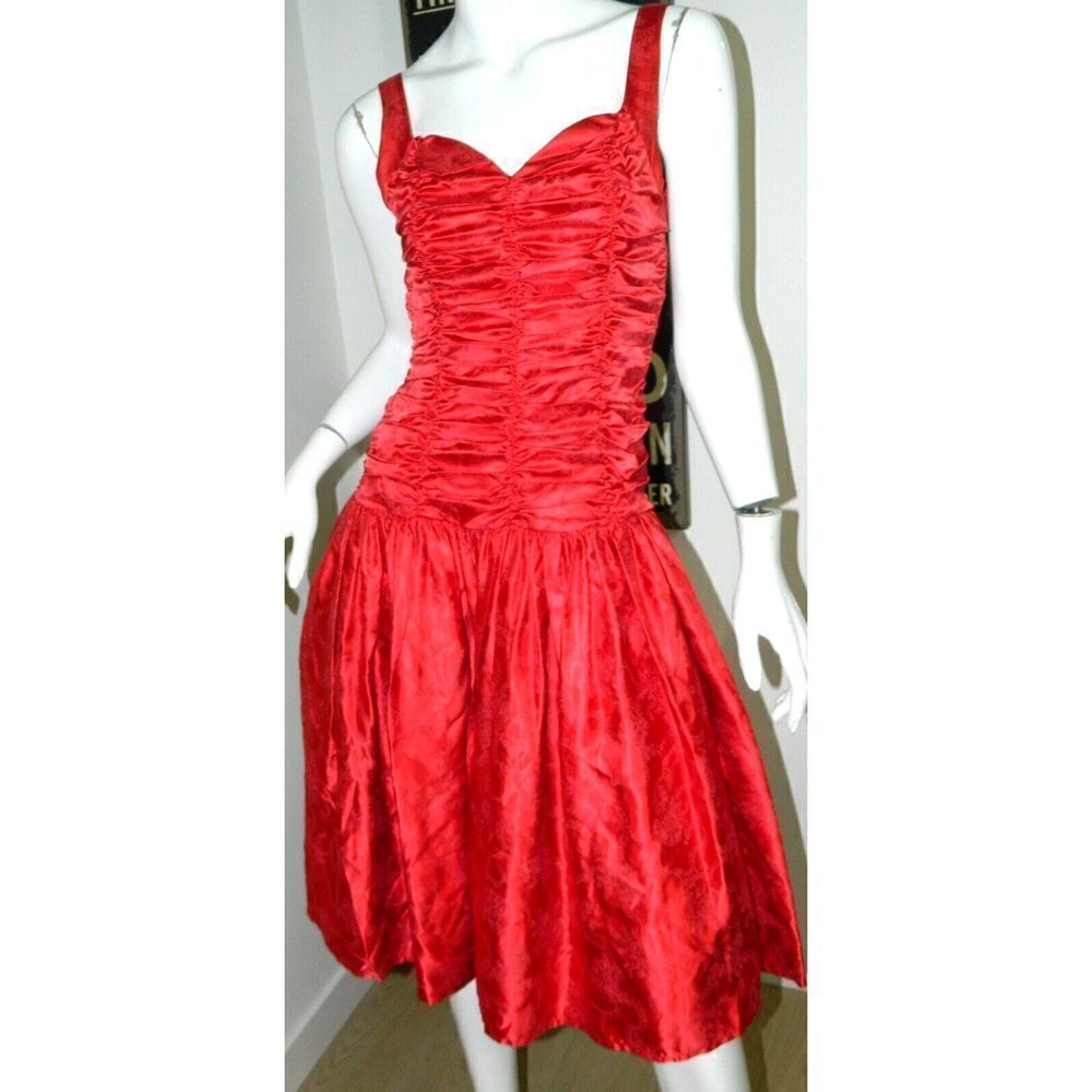 Gunne Sax By Jessica McClintock Dress Vintage Red Ruched Bubble Open Back Small